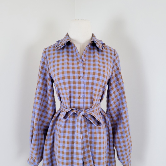 Vintage Periwinkle and Brown Checkered Mini Dress - Picture 5 of 14
